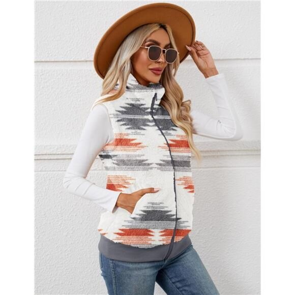 New Womens Fuzzy Fleece Vest, Casual Warm Sleeveless Zip Up Sherpa Vest - Picture 3 of 6